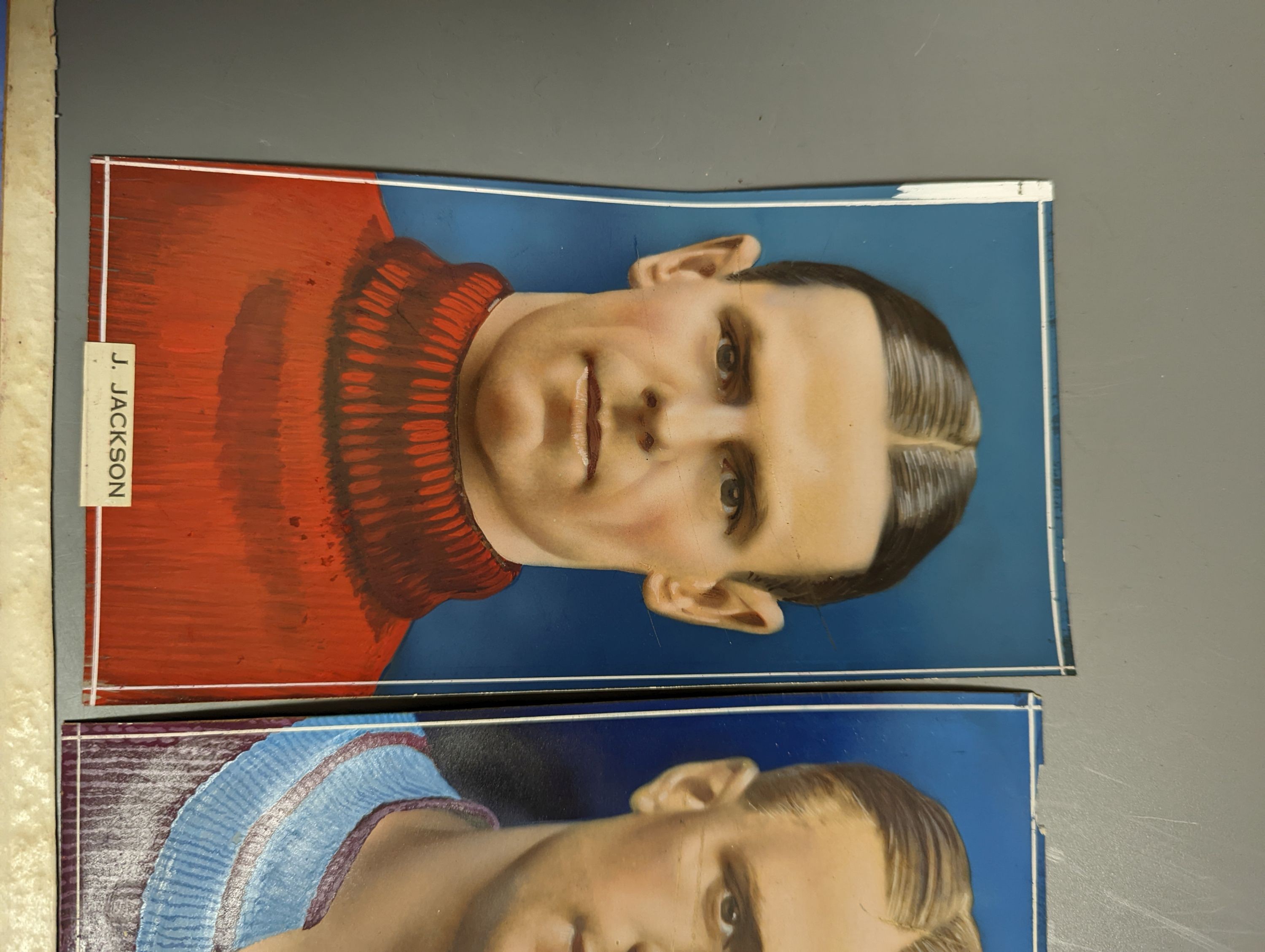 Seven original gouache illustrations of footballers c.1936 for Godfrey Phillips cigarette cards, each 19.5cm x 10.3cm